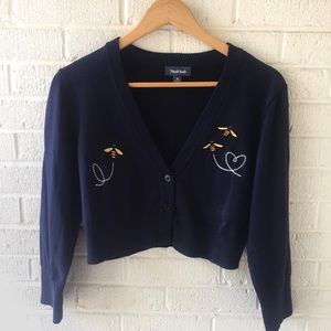 Modcloth bee embroidered blue cropped cardigan